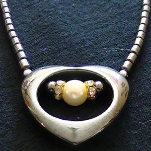 Hematite and Peal open heart necklace crystals 20"